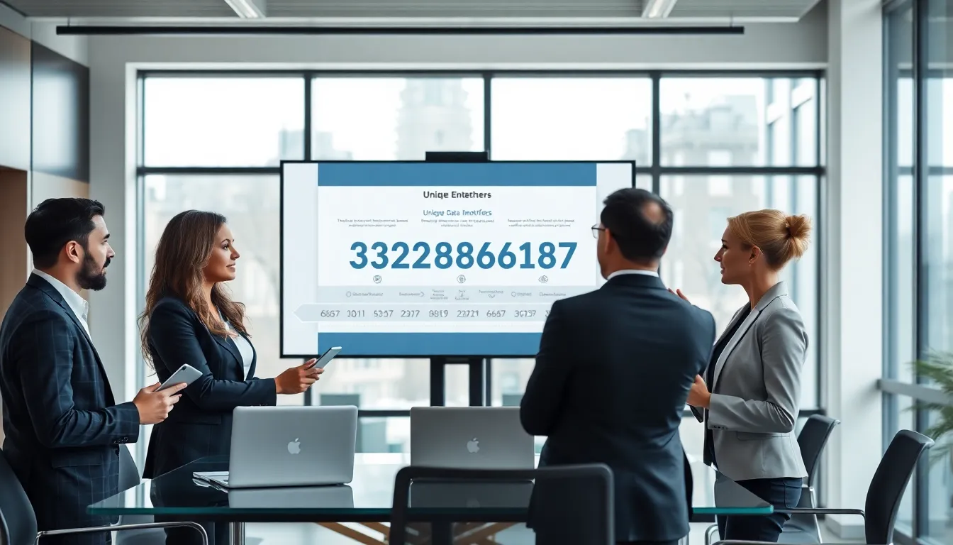 diverse professionals discussing data identification in a modern office.